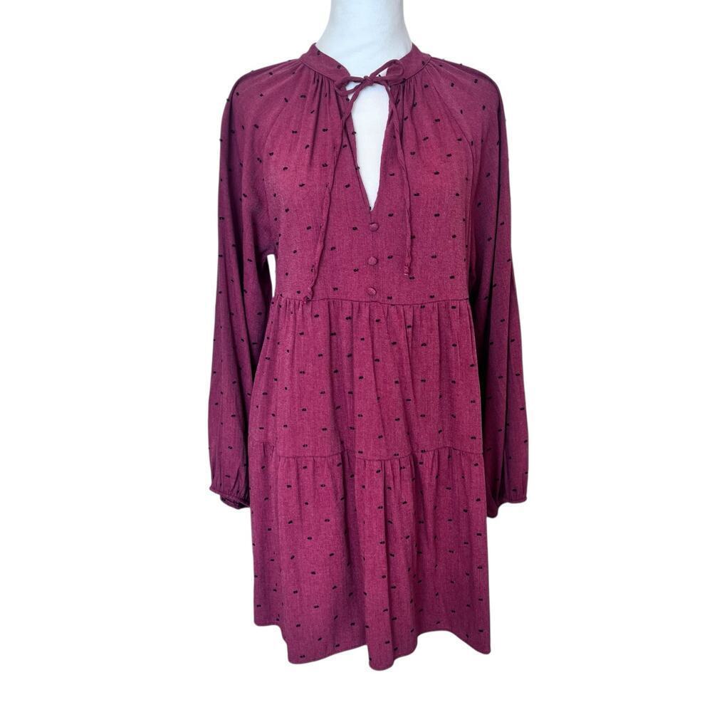 ZARA WOMENS MAROON BLACK SWISS DOT TIERED BALLOON SLEEVE MINI BOHO FLOWY DRESS M